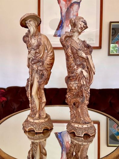 Vintage Oriental Resin Sculptured Figures Traditional Attire 1970s