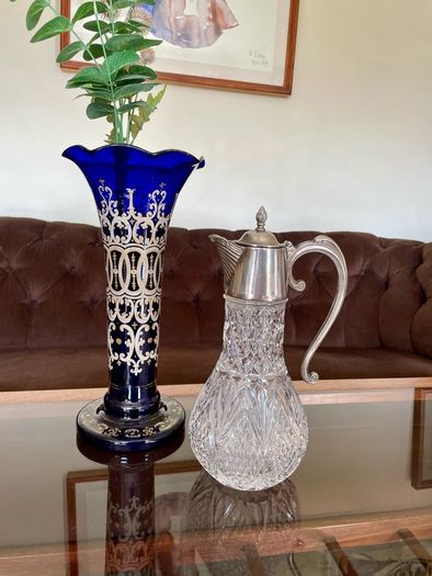 Antique Vintage Silver Plated Crystal Glass Claret Jug Pitcher
