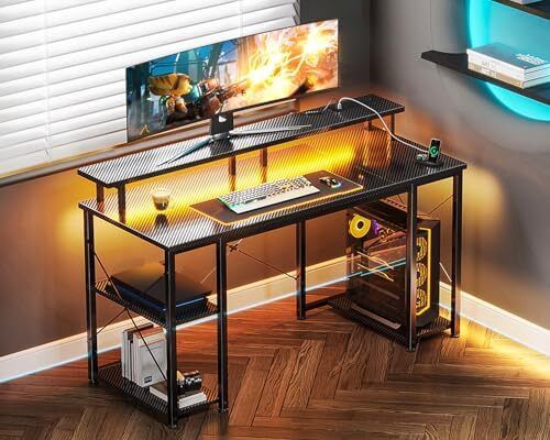 120x50 cm Gaming Desk with LED Lights, Computer Desk with Shelves, Office Desks with Monitor Stand, Carbon Fiber Black