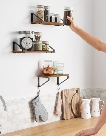 Set of 3, Shelf, 2 Mounting Options, Display Shelf, for Living Room, Kitchen, Study, Bathroom, Rustic Brown and Black