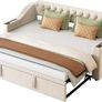 Velvet Sofa Bed 90 x 190 cm with Pull-Out Bed, USB-C Connection, LED Lighting & Storage Space - Modern Day Bed for Living Room, Guest Room & Teenagers Room Beige3 Image 5