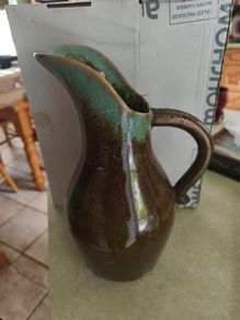 Vintage Art Pottery Pitcher braown / Vase Green W/Blue Drip Glaze marked S.