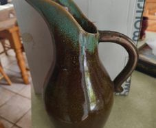 Vintage Art Pottery Pitcher braown / Vase Green W/Blue Drip Glaze marked S.
