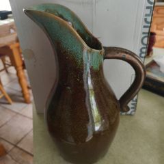 Vintage Art Pottery Pitcher braown / Vase Green W/Blue Drip Glaze marked S.