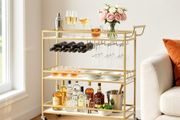 Bar Cart, 3 Tiers Home Kitchen Serving Carts, Modern Rolling Utility Station on Wheels, Mobile Drink Beverage Trolley with Wooden Shelf, Wine Rack, and Glass Holder, 910x330x935mm, Gold