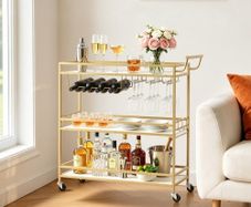 Bar Cart, 3 Tiers Home Kitchen Serving Carts, Modern Rolling Utility Station on Wheels, Mobile Drink Beverage Trolley with Wooden Shelf, Wine Rack, and Glass Holder, 910x330x935mm, Gold