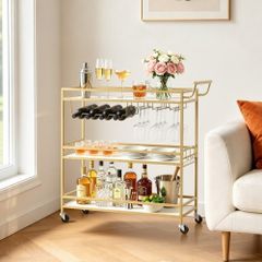 Bar Cart, 3 Tiers Home Kitchen Serving Carts, Modern Rolling Utility Station on Wheels, Mobile Drink Beverage Trolley with Wooden Shelf, Wine Rack, and Glass Holder, 910x330x935mm, Gold
