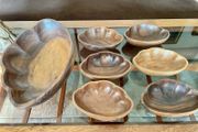 Vintage Carved Acacia Wood Shell Bowl Set 7 Pc Serving Salad Snack Nesting