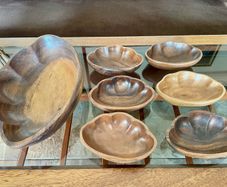 Vintage Carved Acacia Wood Shell Bowl Set 7 Pc Serving Salad Snack Nesting