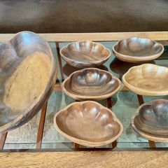 Vintage Carved Acacia Wood Shell Bowl Set 7 Pc Serving Salad Snack Nesting