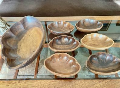 Vintage Carved Acacia Wood Shell Bowl Set 7 Pc Serving Salad Snack Nesting