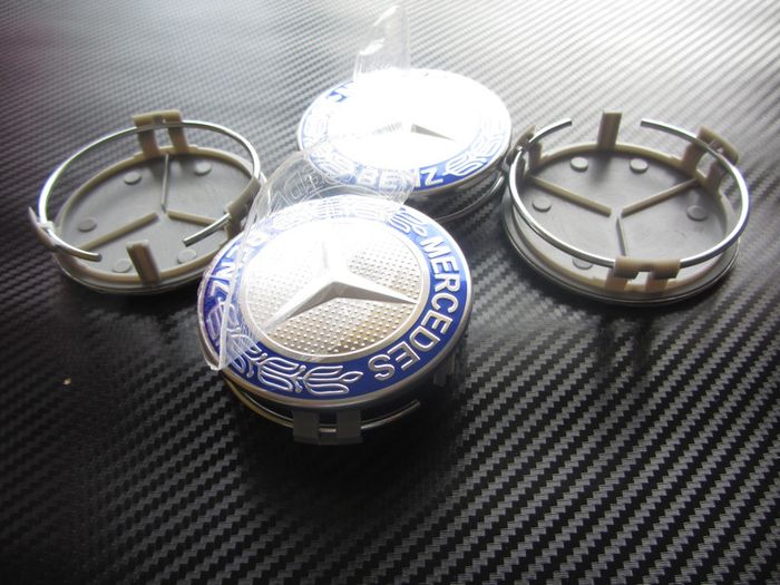 Mercedes Benz Classic 75mm Chrome / Blue 4 x Wheel Center Caps Cap Hub