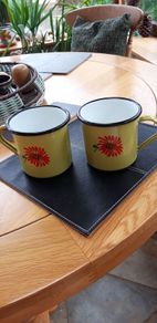 Two Beautiful Bassano Due Leoni Enameled Metal Vintage Mugs