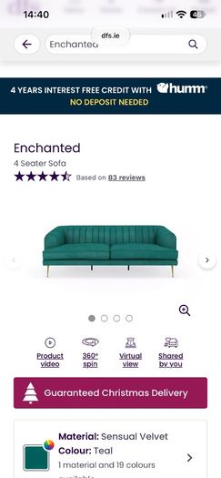 Teal dfs Enchanted sofa set. Four seater and cuddle seat.