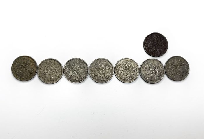 8x UK Sixpence Coins 1953-1959 Elizabeth II Pre-Decimal Lot