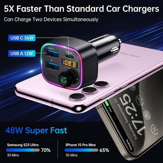 Bluetooth 5.4 FM Transmitter Car Adapter 48W (PD 36W & 12W) [Light Switch] [HiFi Bass Sound] [Fast Charging] Wireless Radio Music Adapter LED Display Hands-Free Calling Support USB Drive