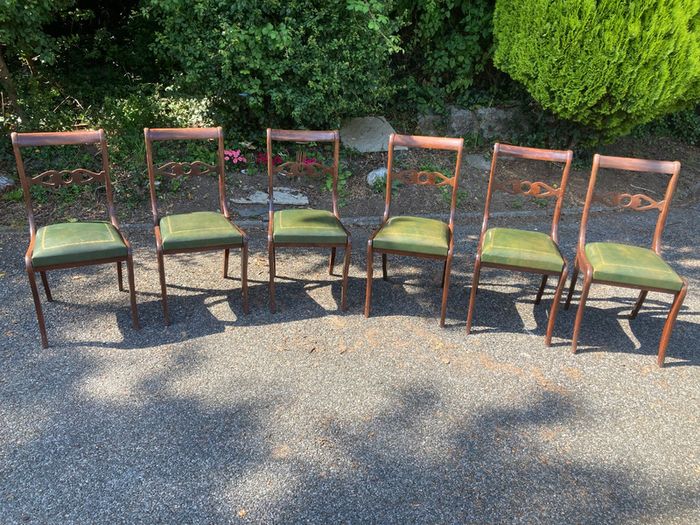 Set of 6 Mahogany Dining Chairs with Green Leather Seats