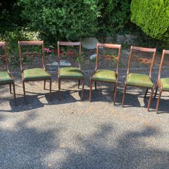 Set of 6 mahogany dining chairs with green leather seats