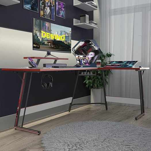L Shaped Gaming Desk 150 x 120 cm, Ergonomic Computer Corner Gaming Desk, Large PC Writing Table with Monitor Stand, Stable Metal Legs Gamer Workstation for Home Office