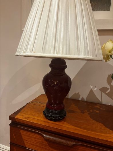 Please Check Photos- Mid Century Oxblood glazed Ginger Jar Table Lamps (2)  with off white pleated empire shade