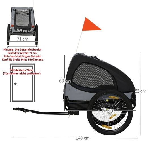 Pet Trailer, Mesh Windows, Roll-Up Cover, Universal Hitch, Steel Frame, Black, 140 x 71 x 83 cm