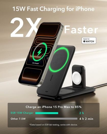 ESR for 3 in 1 Charging Station, 15W MagSafe Charger Stand for iPhone & Apple Watch Charger [Certified], Travel Charging for iPhone 17/16/15/14/13/12 & Watch & AirPods 4/3, Black, No bag