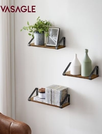 Set of 3, Shelf, 2 Mounting Options, Display Shelf, for Living Room, Kitchen, Study, Bathroom, Rustic Brown and Black