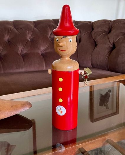 Vintage Tall Wooden Pinocchio Coin Bank with Lock and Keys Red Hand Painted Italy 29 cm
