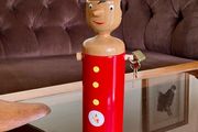 Vintage Tall Wooden Pinocchio Coin Bank with Lock and Keys Red Hand Painted Italy 29 cm
