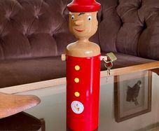 Vintage Tall Wooden Pinocchio Coin Bank with Lock and Keys Red Hand Painted Italy 29 cm