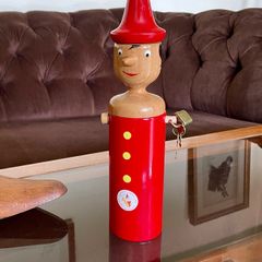 Vintage Tall Wooden Pinocchio Coin Bank with Lock and Keys Red Hand Painted Italy 29 cm