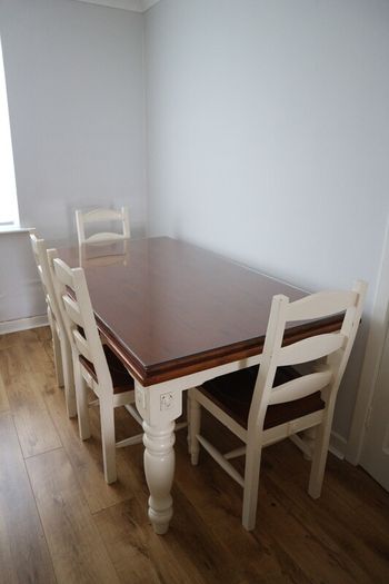Dining table & 6 chairs, wood with protective glass