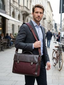 Large Piquadro Italian Leather and Canvas Briefcase, Messenger, Laptop, Storage Bag