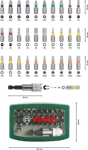 32pc. Screwdriver Bit Set (PH-, PZ-, Hex-, T-, TH-, S-Bit, Accessories Drill and Screwdriver)