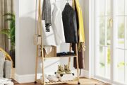 Bamboo Clothes Rack, with Shelves and Hooks - Natural Finish