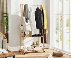 Bamboo Clothes Rack, with Shelves and Hooks - Natural Finish