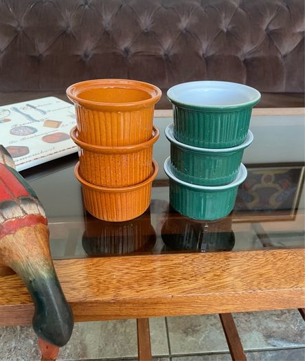 Vintage Mixed Set Emile Henry Ramekins Brown and Green Ribbed Oven to Tableware Set of 6 1980s 2000s