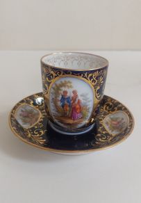 2nd Stunning Antique Alt Wien Old Vienna or Augarten Porcelain Manufactory Hand Painted and Hand Gilded Small Coffee Can and Matching Saucer, with the Authentic Bindenschild Shield Backstamps