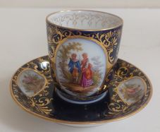 2nd Stunning Antique Alt Wien Old Vienna or Augarten Porcelain Manufactory Hand Painted and Hand Gilded Small Coffee Can and Matching Saucer, with the Authentic Bindenschild Shield Backstamps
