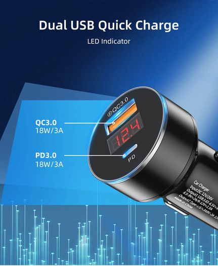 USLION 36W PD/QC3.0 Car Dual USB (Type-C & Type-A) Phone Quick Charger with Digital Display (Brand New/Warranty)