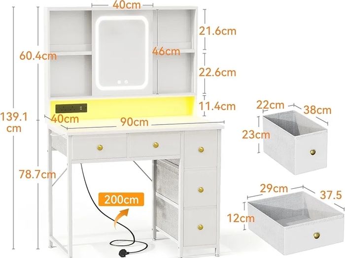 Dressing Table with Adjustable LED Mirror Built in USB Power Outlets RGB Light Strip Vanity Desk with 5 Fabric Drawers 3 Layer Shelves White Makeup Desk 90 40 139cm
