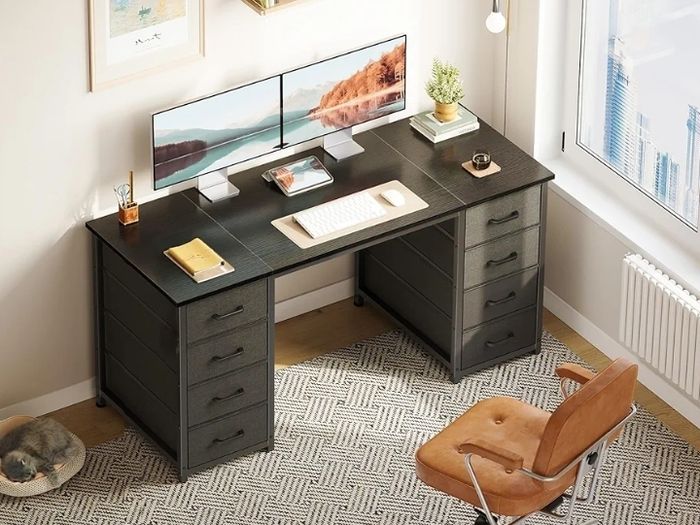 Computer Desk with 8 Fabric Drawers, Office Desk with Storage  120 x 48 cm Black Home Office Desk, PC Study Desk for Bedroom and Living Room Compact Work Table with More Storage Space