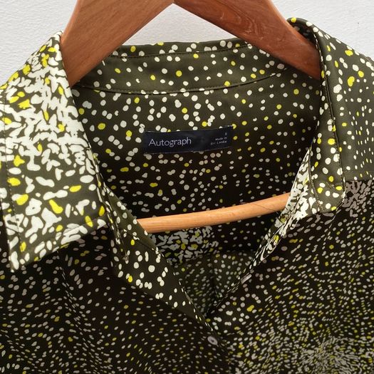 M&S Autograph Premium Satin Blouse - Green Abstract Contrast Spot Print