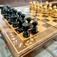Vintage Decorative Foldable Chessboard with Hand Carved Detail and Chess Pieces 26 cm Square