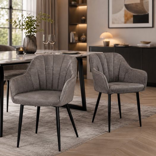Set of 2 Grey Dining Chairs with Armrests Quilted PU Upholstered Kitchen & Dining Room Chairs
