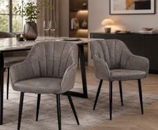 Set of 2 Grey Dining Chairs with Armrests Quilted PU Upholstered Kitchen & Dining Room Chairs