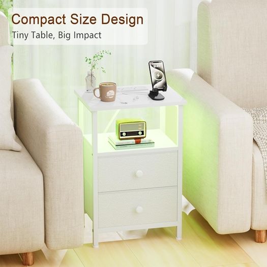 Bedside Table with Charging Station, Side Table with LED Light, Nightstand with 2 Fabric Drawers and Open Storage Shelf, Small Bedside Cabinet for Living Room, Bedroom, White