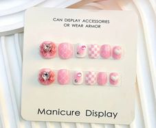 Heart, Bow, Checkered Press on Nails in Pink and White for Kids