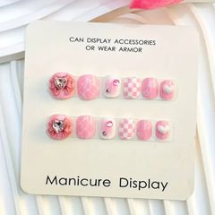 Heart, Bow, Checkered Press on Nails in Pink and White for Kids