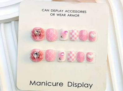 Heart, Bow, Checkered Press on Nails in Pink and White for Kids